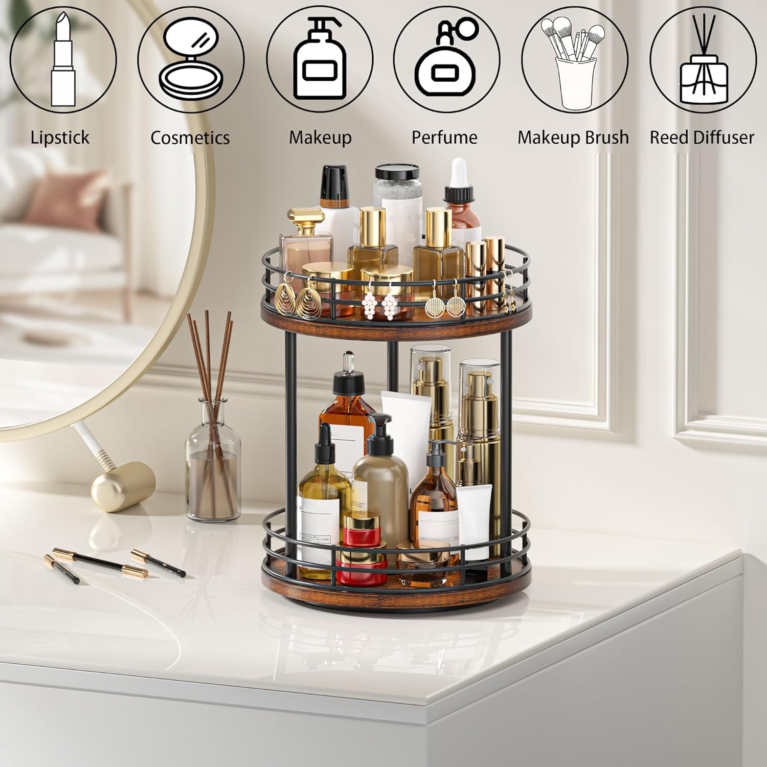 Skiennix 2-Tier Rotating Makeup Organizer - Stylish Wooden Bathroom Countertop Storage | Brown