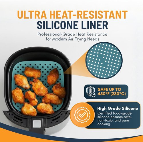 Linda’s Essentials Reusable Square Silicone Air Fryer Liners - Non-Stick, Easy-Clean 8.5 Inch (3 Pack) with Cheat Sheet & Recipe Book