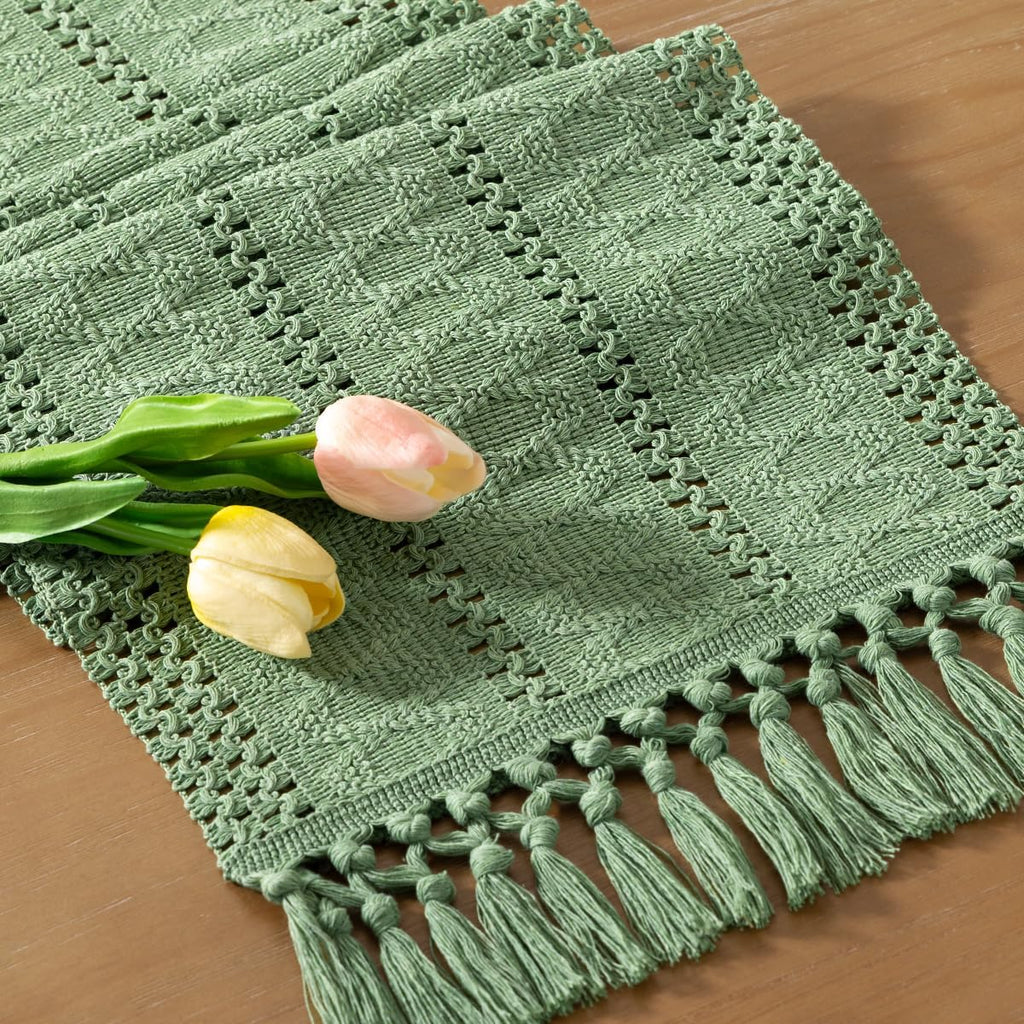 Socomi Sage Green Boho Table Runner - Rustic Macrame Woven Cotton Linen Decor | 12x60 Inch for Dining & Coffee Tables