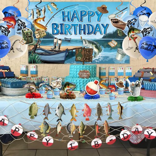 Fishing Birthday Party Decorations Includes Backdrop, Banner, Hanging Swirls, Balloons, Cake & Cupcake Toppers, Honeycomb Centerpieces for Ofishally One Birthday Decorations