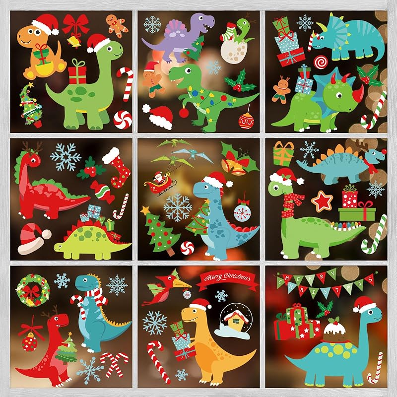 Christmas Window Clings Set - 9 Sheets Dino & Snowflake Reusable Window Decals