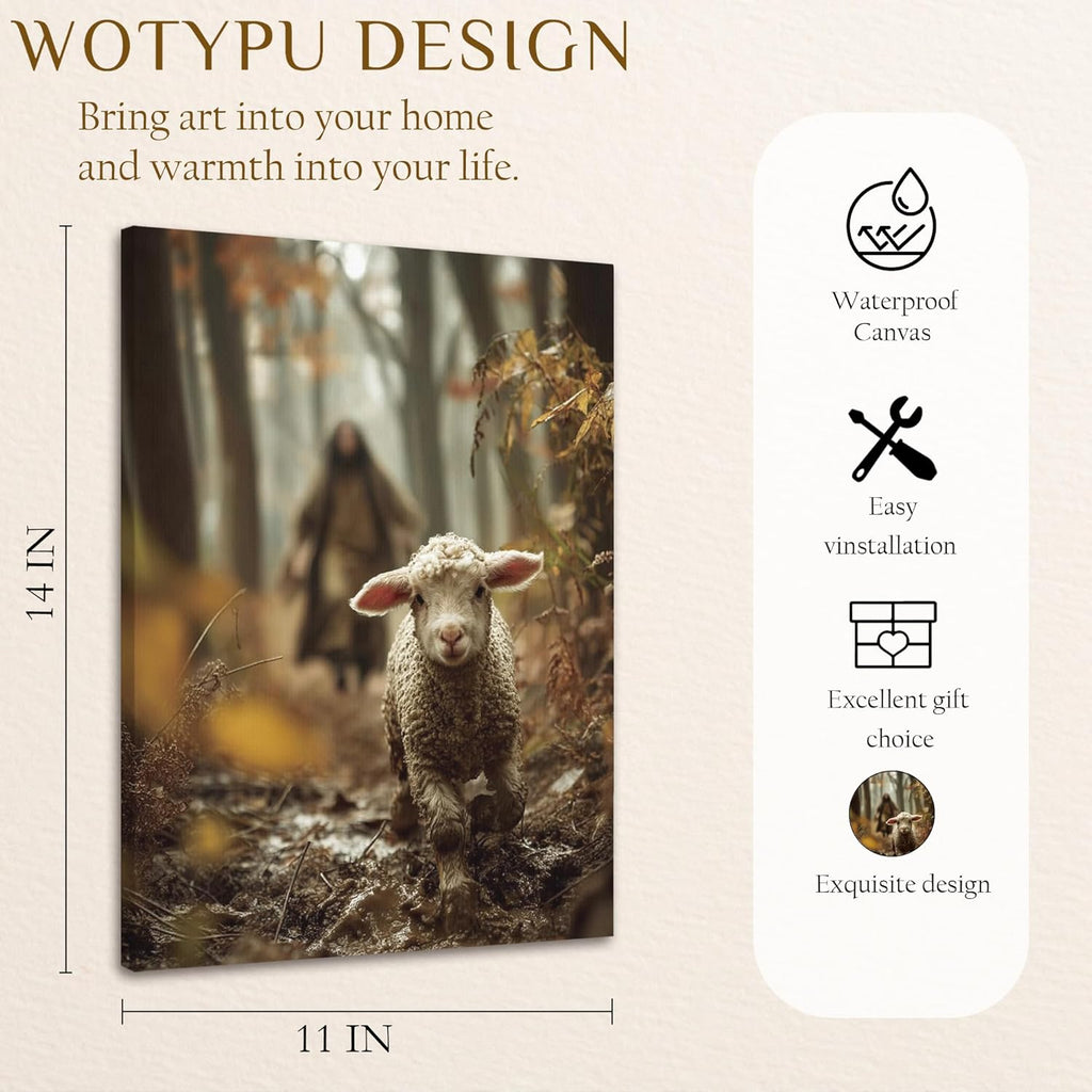 WOTYPU Jesus and the Lamb Christian Wall Art Decor, Christian Home Decor, Jesus Leaves the 99 Sheep Religious Framed Canvas Prints Poster Wall Decorations for Prayer Home Living Room Bedroom, 11x14