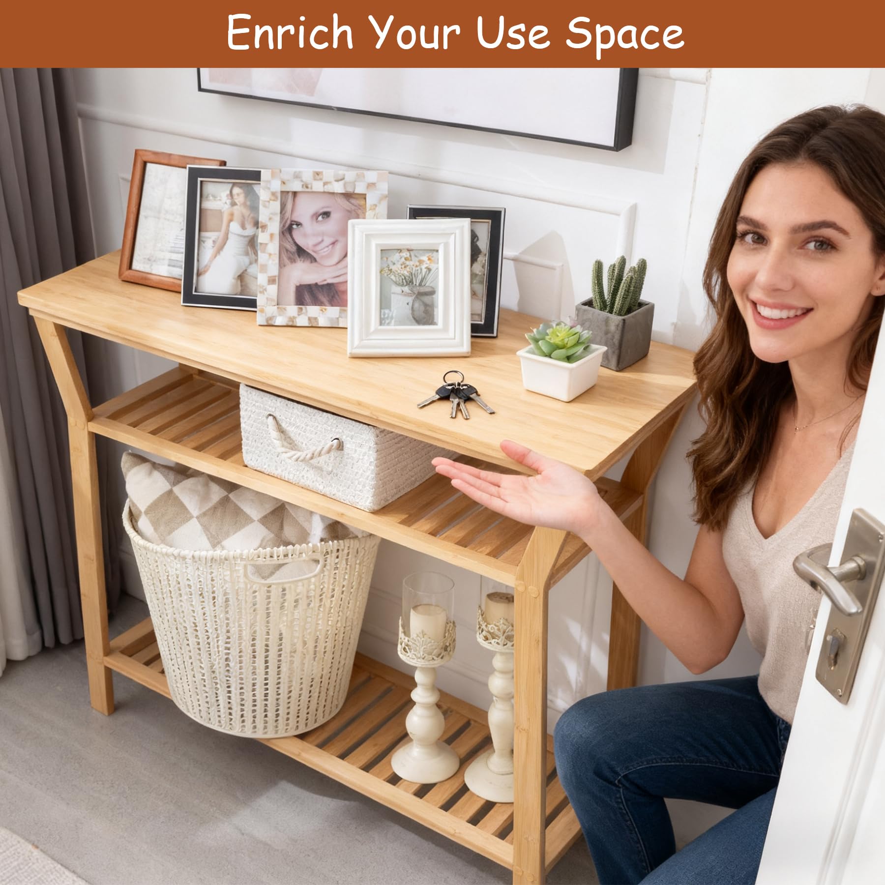 Nnewvante 38.6" Console Table, Bamboo Entryway Table with 3-Tier Storage Shelves, Narrow Sofa Table, Display Table for Entrance, Hallway, Living Room, Foyer