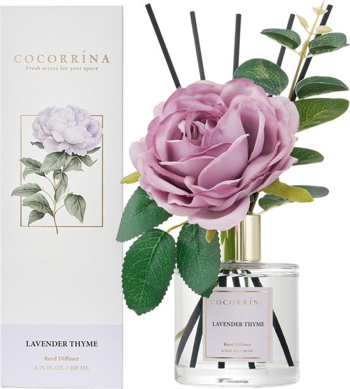 Cocorrína Flower Reed Diffuser - Lavender Thyme 6.7oz Scented Home Fragrance with Sticks | Elegant Bathroom Decor