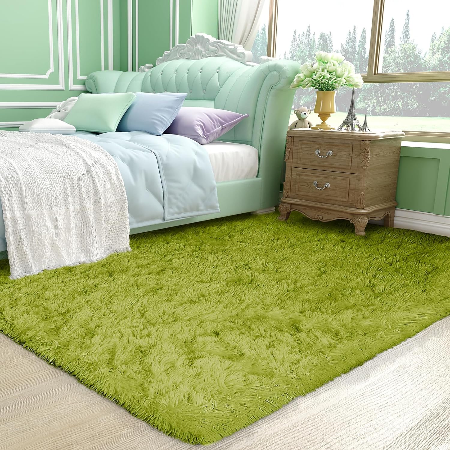 Ophanie Green Area Rug - Soft Fluffy Shag Carpet for Bedroom | 4x6 Cute Plush Indoor Decor