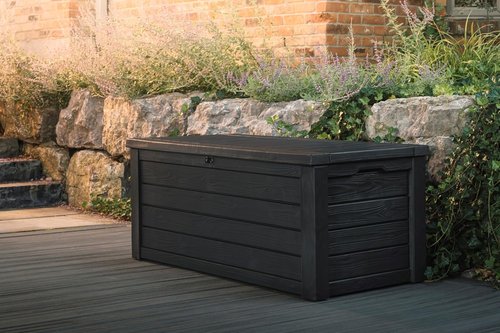 Keter Westwood 150 Gallon Resin Outdoor Storage Box - Ideal for Patio Furniture & Garden Tools | Dark Grey