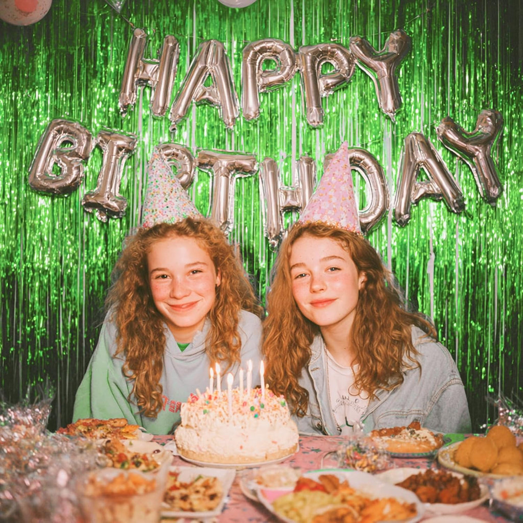 PartyWoo Green Streamers | 3-Piece Tinsel Foil Fringe Curtains - 8.2 FT Backdrop for Graduation & Birthday Parties