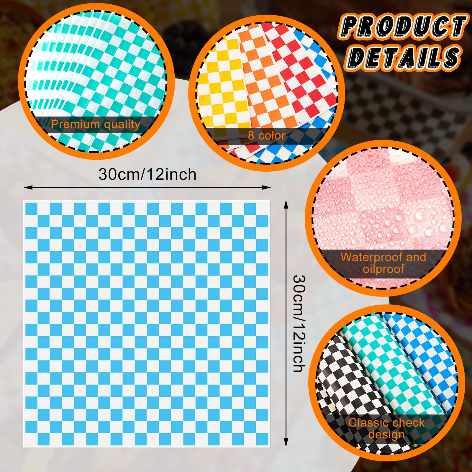 Fuutreo 2000 Sheets Squares Deli Paper Sheets Dry Checkered Deli Liner Safe Disposable Wax Paper Microwavable Food Basket Liners for Baking Wrapping Bread Sandwiches Hamburger, 12 x 12 Inch, 10 Colors