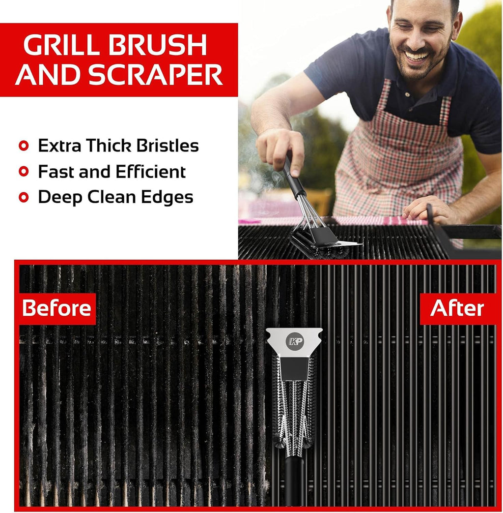 **KITCHEN PERFECTION Grill Brush - Safe Wire BBQ Cleaner with Scraper & Mat | Extended Handle for Easy Use**