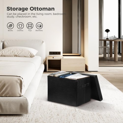 FaiPue Storage Ottoman Footrest Stool. Foldable Oil Waxed Leather Footstool with Thicker Foam Padded Seat. Small Ottoman with Storage Bench for Living Room Bedroom 350 lbs, 17x13x13in, Black.
