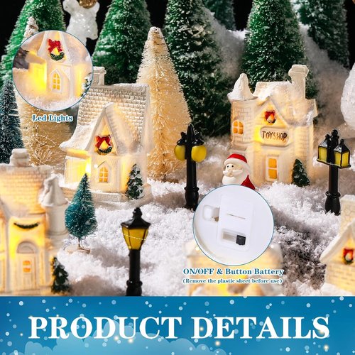 Kasyat Winter Village Set - 50 Pcs LED Lighted White Houses & Mini Trees for Christmas Decor