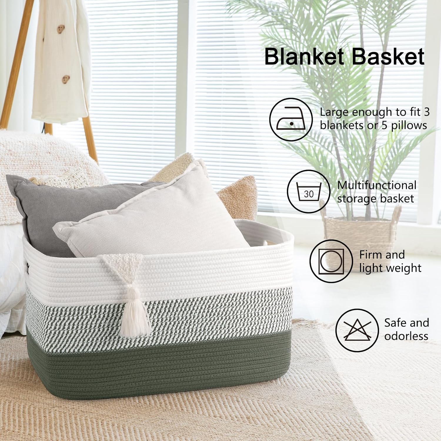 OIAHOMY Large Woven Blanket Basket - 22”x17”x12” Rectangle Storage for Nursery & Living Room | Green/White