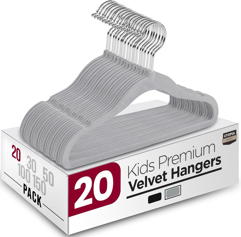 Utopia Home Velvet Hangers - 20 Pack Non-Slip Baby Hangers for Kids | 11 Inch Ultra-Slim Grey Closet Organizers