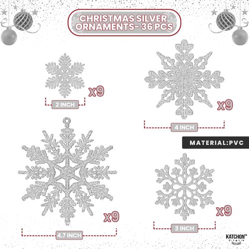 KatchOn Silver Snowflake Decorations - Large Pack of 36 | Glitter Ornaments for Christmas Tree & Winter Parties