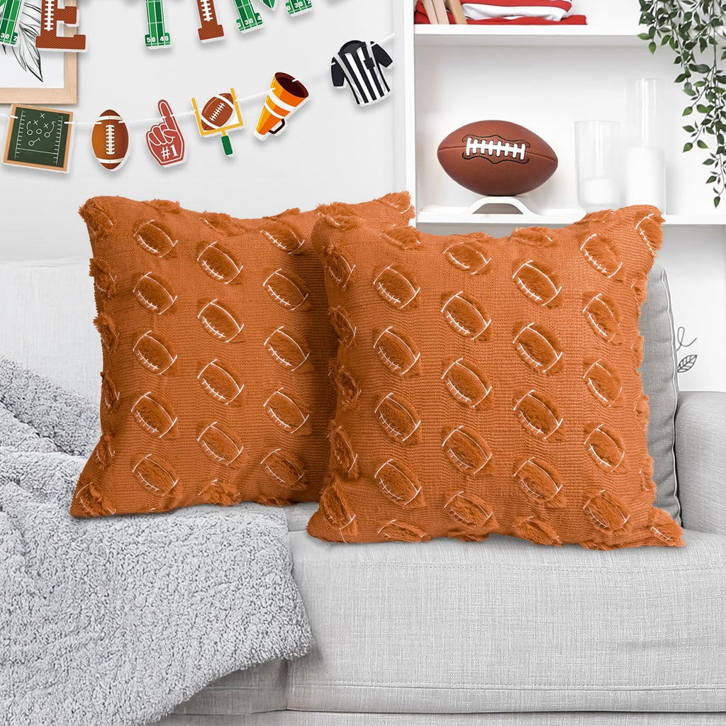 Emvency Football Throw Pillow Covers 18x18 Set of 2, Brown Sports Room Decor Cute Western Soft Plush Faux Fur Wool Aesthetic Decorative Pillow Case for Couch Bed Sofa Living Room