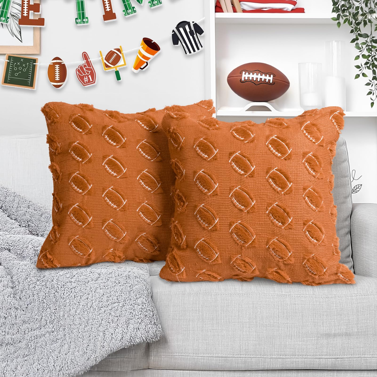Emvency Football Throw Pillow Covers 18x18 Set of 2, Brown Sports Room Decor Cute Western Soft Plush Faux Fur Wool Aesthetic Decorative Pillow Case for Couch Bed Sofa Living Room