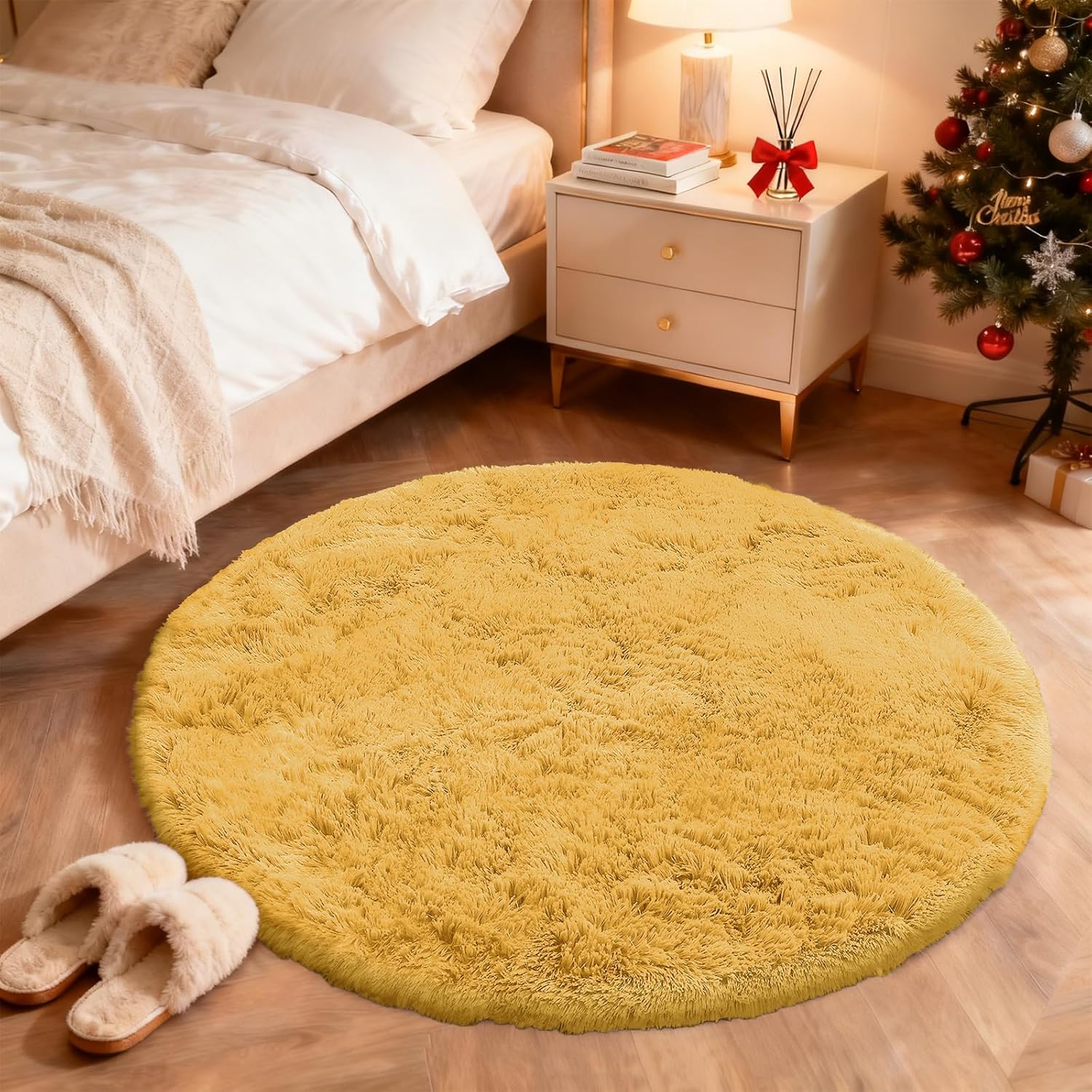 OLANLY Round Mustard Yellow Rug - Soft, Fluffy Shaggy Carpet for Bedroom, 4 ft Circle Area Rug | Machine Washable