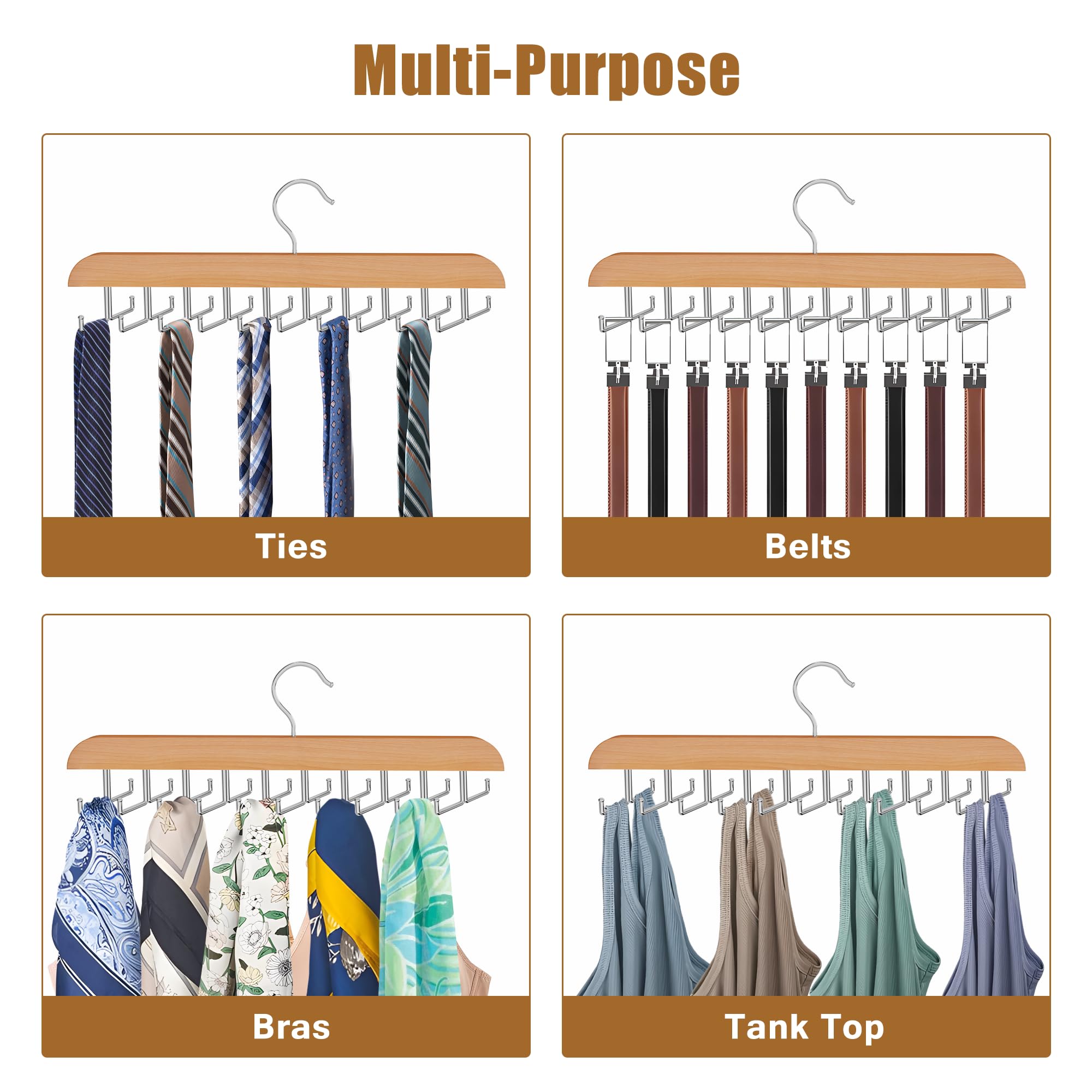Cycleacc Tie Rack Hanger for Closet, 2 in 1 Belt Tie Hangers with 20 Folding Hooks, 360 Degree Rotating Wooden Tie Holder Organizer for Men Ties Belts Scarves Tank Tops Accessories, Wood (1 Pack)