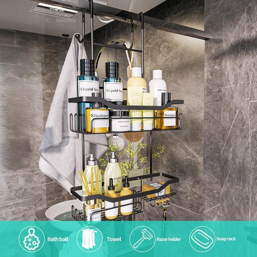 HapiRm Hanging Shower Caddy - No Drill Adhesive Organizer with 11 Hooks | Rustproof 304 Stainless Steel - Black