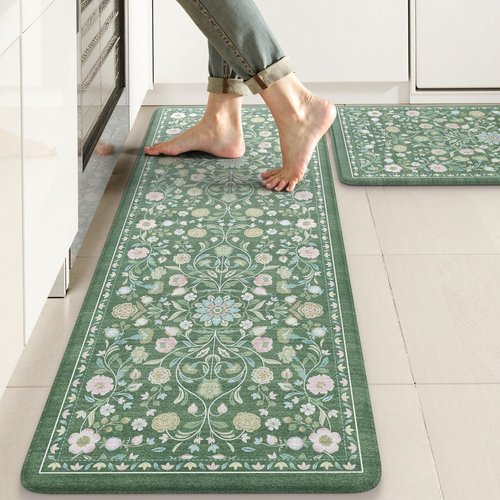 KIMODE Comfort Kitchen Mats for Floor Cushioned Anti Fatigue,Farmhouse Floral Spring Kitchen Rugs Sets of 2 Non Slip,Memory Foam Standing Carpet for Laundry Sink Office,Green
