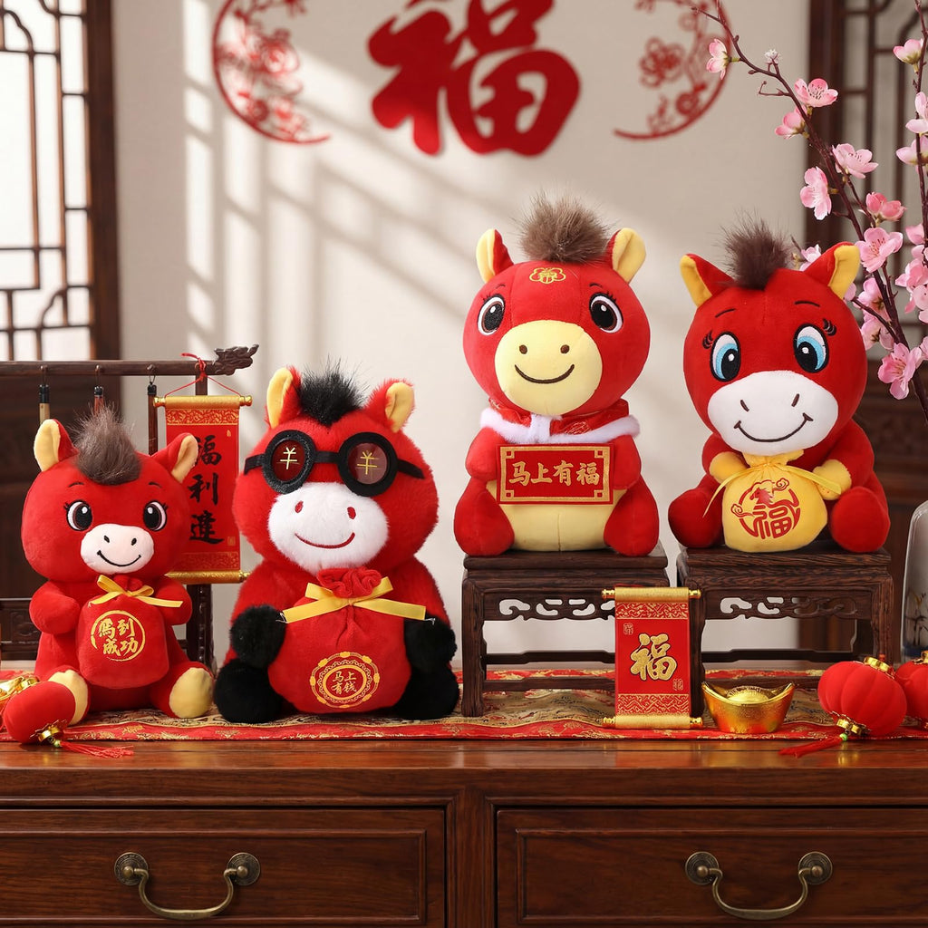 Silipull 4 Pcs Chinese New Year Horse Mascot Pillow 7.9-9.8 inches 2026 Year of the Horse Cushion Festive Gift for Home Decoration Spring Festival Holiday(Blessing Style)