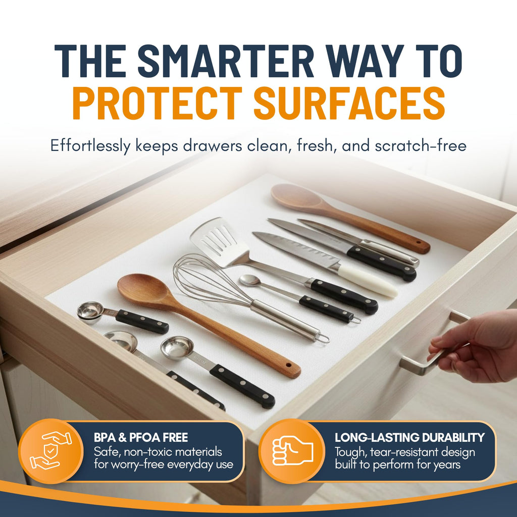 Shelf Liner Cabinet Liner for Shelves Non-Adhesive Kitchen Drawer Liner by Linda’s Essentials (12 x 120 Inches) - Non-Slip Easy Clean Shelf Liners for Cabinets and Cupboard Protector, Waterproof Mat