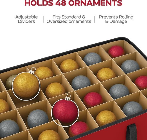 Christmas Ornament Storage Box - Large 128 Capacity with Adjustable Dividers & Dual Zipper | Stackable Red Fabric Organizer