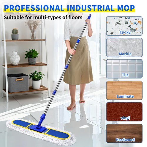 29.5" Commercial Dust Mop for Floor Cleaning,Heavy Duty Floor Duster with 2 Cotton Reusable Mop Pads,61” Long Handle Wet Dry Flat Mops for Hardwood Floors,Marble, Laminate,Tile,Concrete,Garage (Blue)