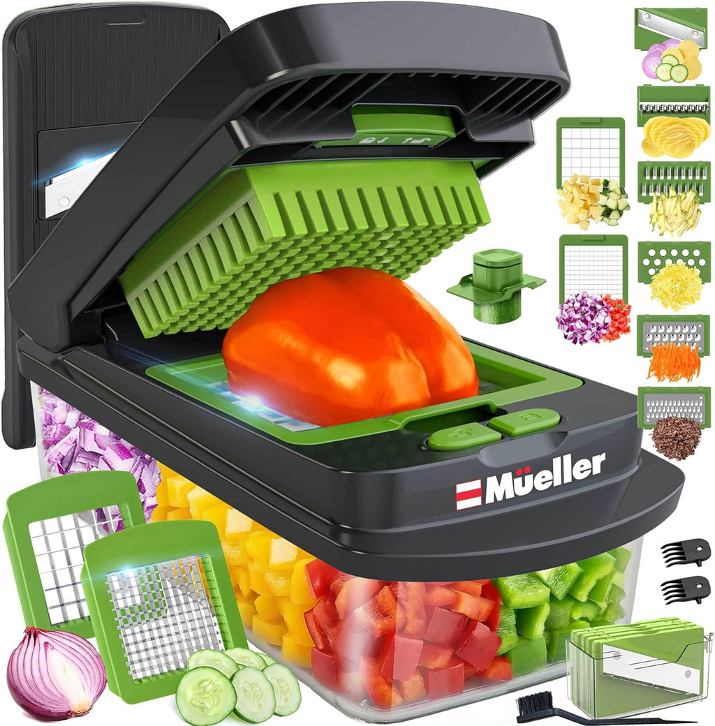 Mueller Pro-Series 10-in-1 Vegetable Chopper - 8 Blades for Easy Dicing, Slicing & Mincing | Gray/Green