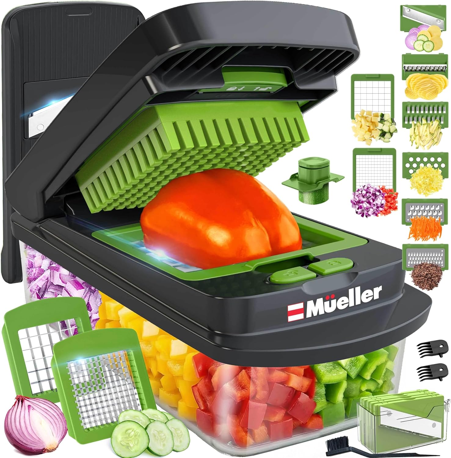 Mueller Pro-Series 10-in-1 Vegetable Chopper - 8 Blades for Easy Dicing, Slicing & Mincing | Gray/Green