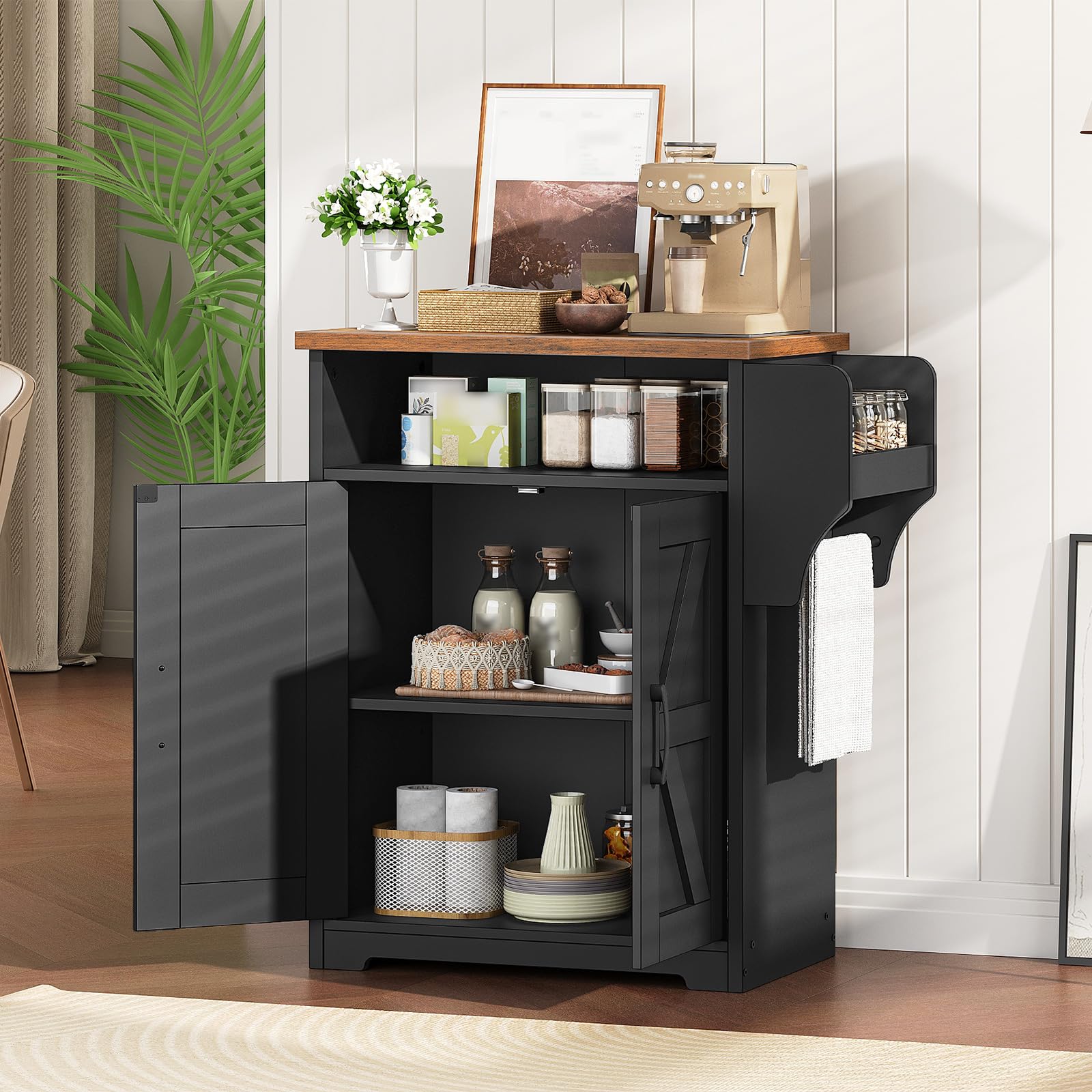 YATINEY Coffee Bar Cabinet, Kitchen Island with Storage, Farmhouse Sideboard Buffet Cabinet with Dual-Purpose Floating Shelf and Hooks, for Restaurant, Living Room, Rustic Brown KF22BR