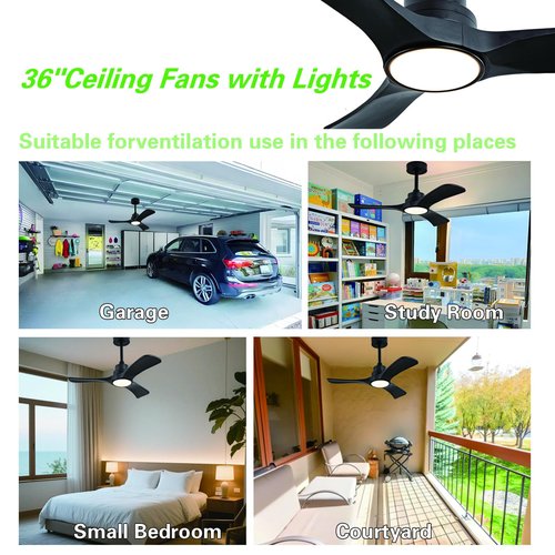 Gaizw 36 Ceiling Fans with Lights,Small Ceiling Fan with Light and Remote Control Reversible 3CCT Dimmable, Noiseless Ventilation Fan,Wooden 3 Blade Ceiling Fan for Bedroom Indoor Outdoor(Black Fan)