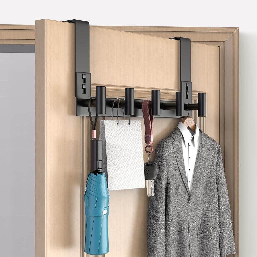PMMASTO Over The Door Hooks - Coat Rack Organizer & Towel Holder for Bathroom | Black 5 T-Hooks, Fits 1-3/4" Thick Door