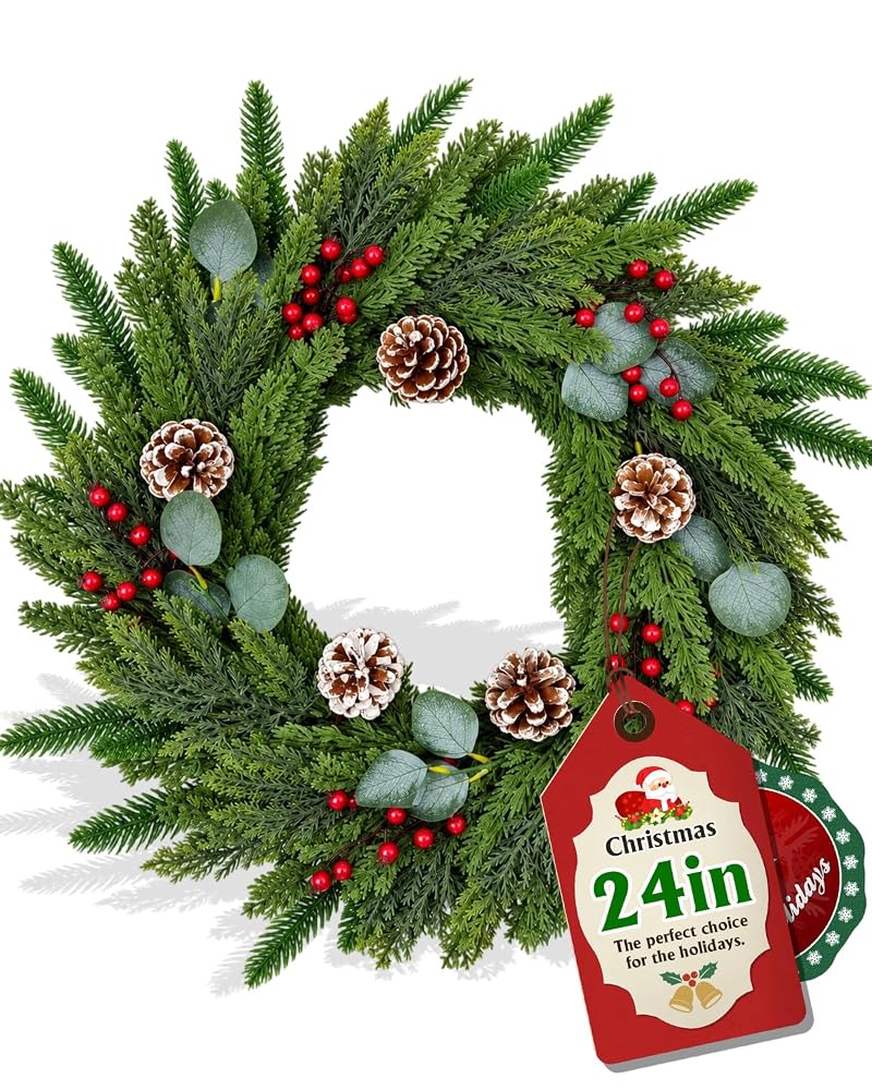 24-Inch Real Touch Pine Wreath with Red Berries & Cones — Indoor/Outdoor Holiday Decor
