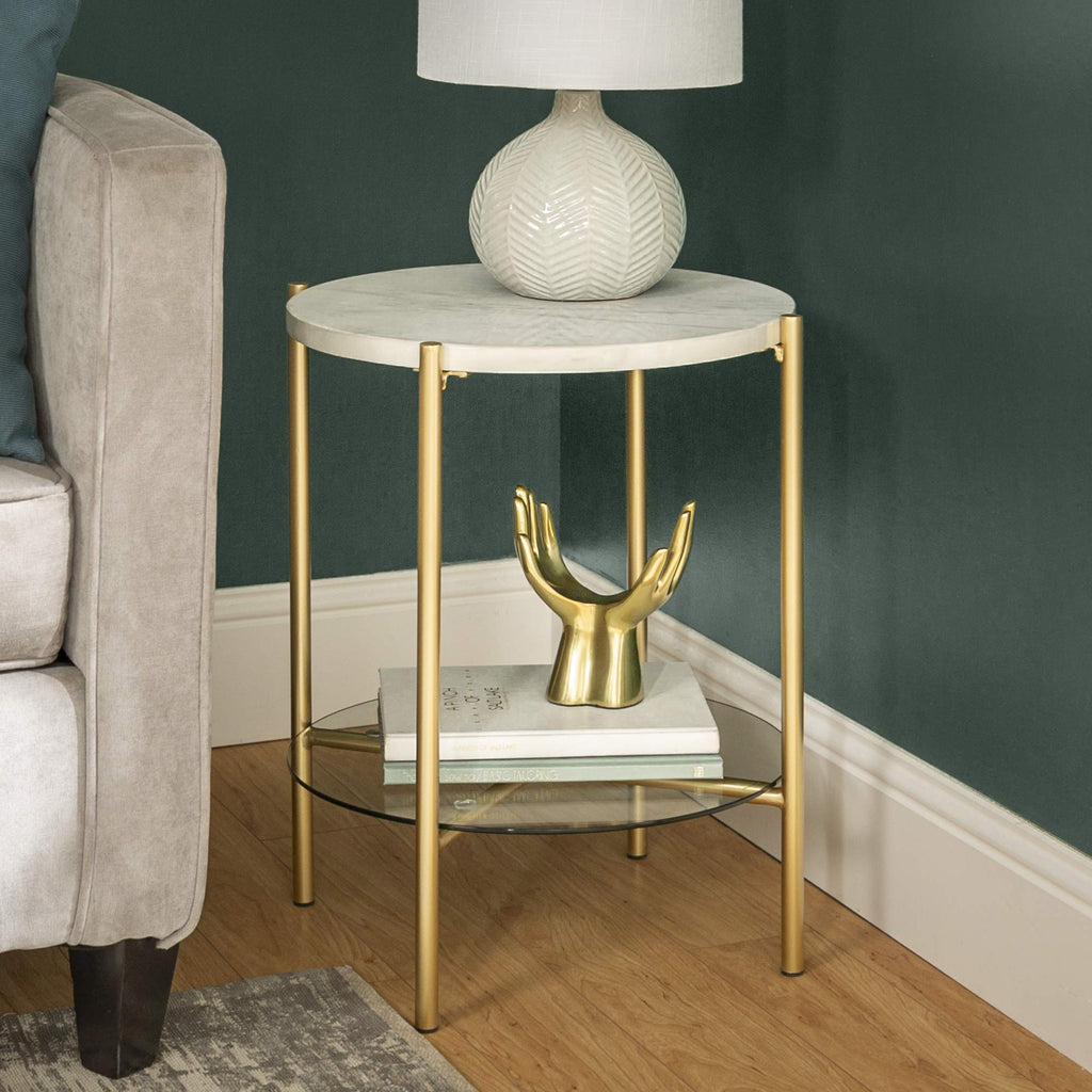 Walker Edison Blaine Mid Century Modern Marble and Glass Round Accent Table, 20 Inch, Marble and Gold