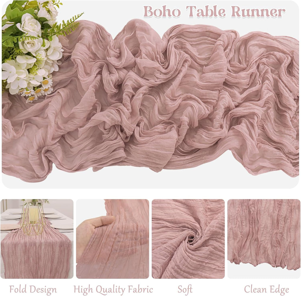 Skiennix Dusty Pink Cheesecloth Table Runner - 10FT Boho Vintage Gauze for Weddings & Events