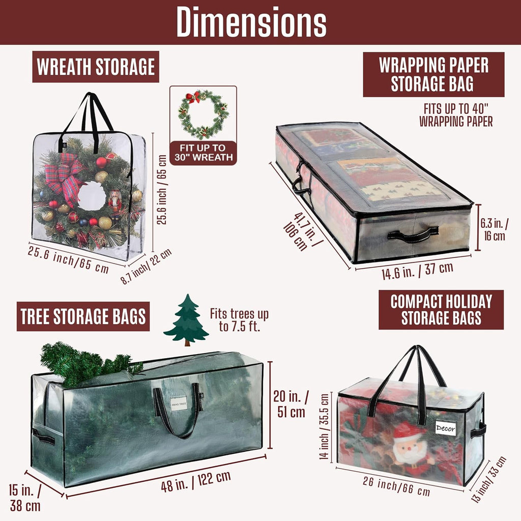 VENO Christmas Wreath, Tree & Wrapping Paper Storage Bags - 8 Pack Multi-Use Set for Easy Holiday Organization