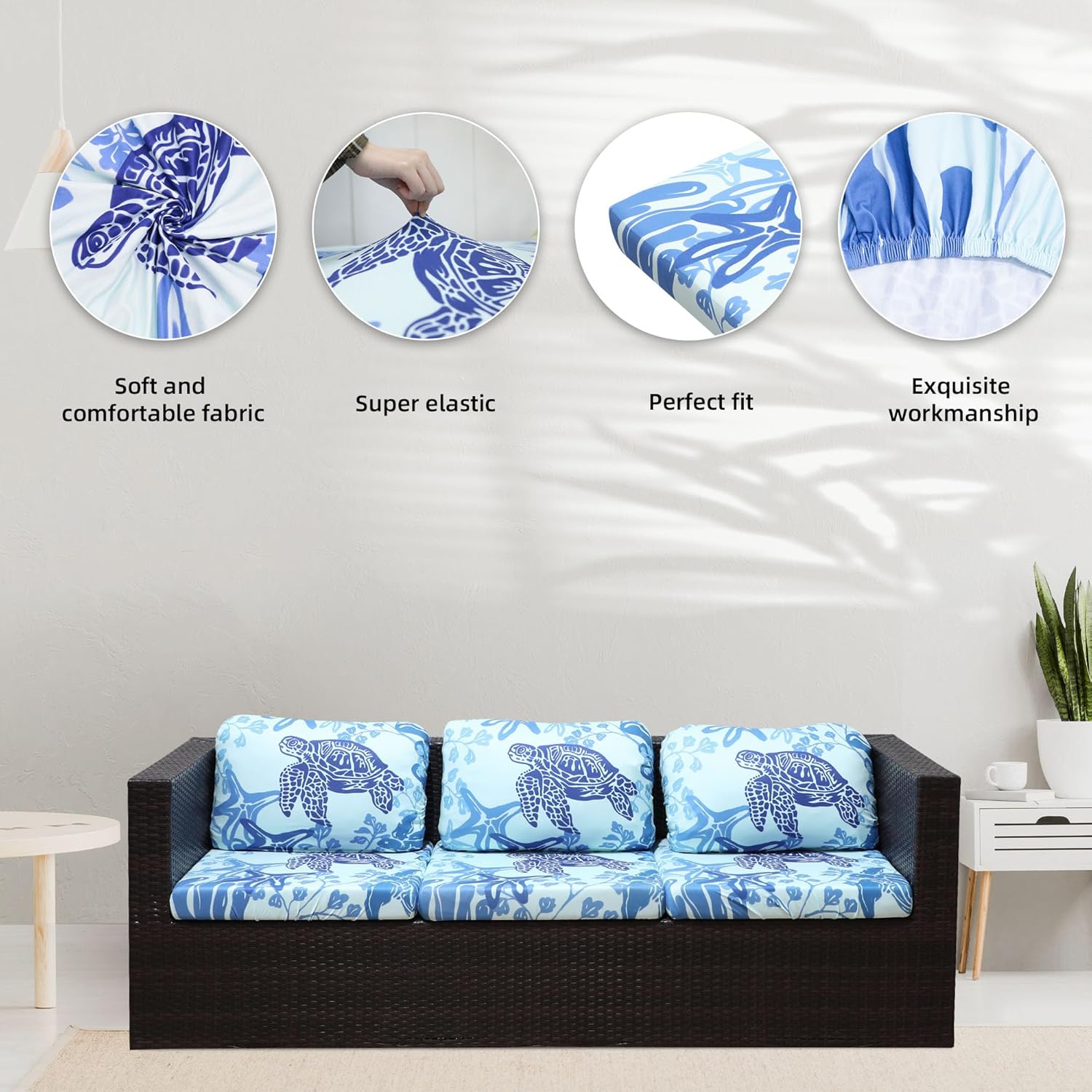 Skiennix 8Pcs Stretch Patio Cushion Covers - Washable Outdoor Sofa Slipcovers | Sea Turtle Design