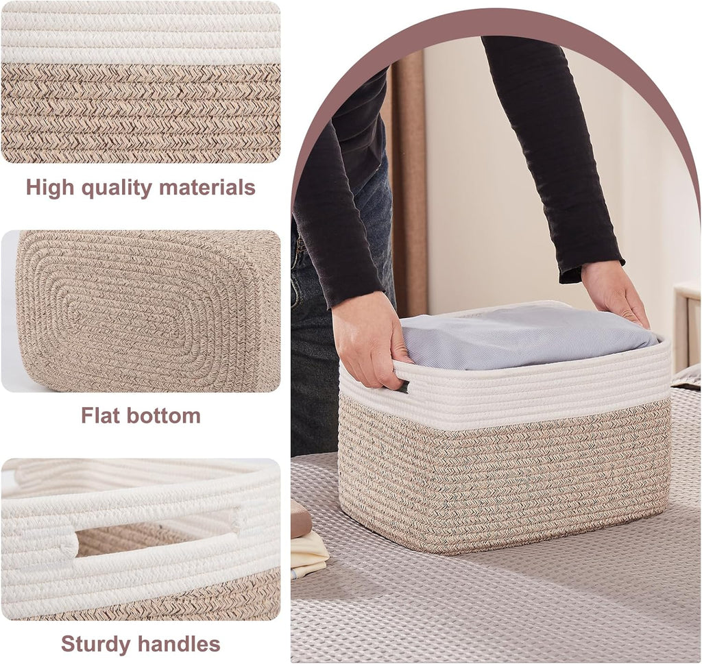 OIAHOMY Storage Baskets - Woven Cotton Rope Organizers with Handles | 13" L x 9" W x 7.8" H, Brown & White