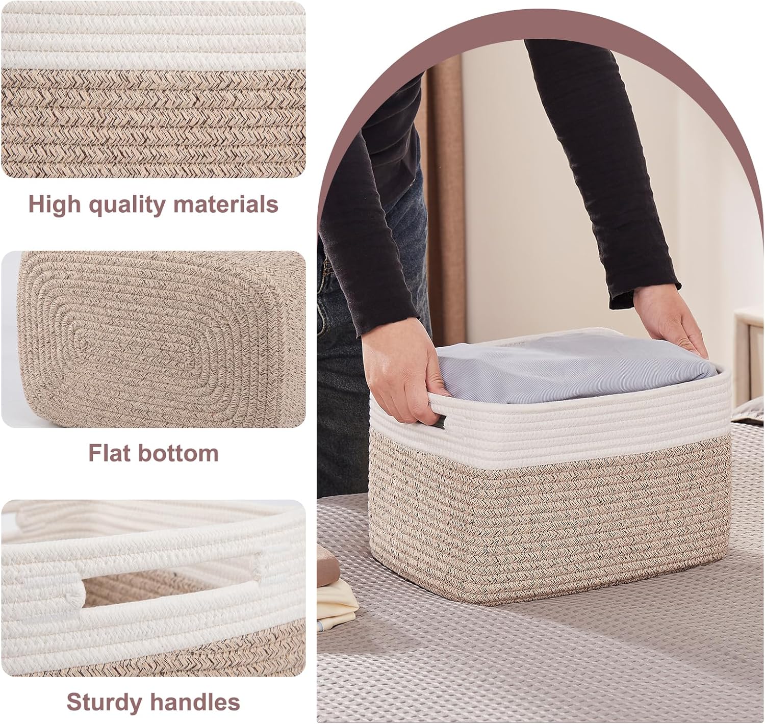 OIAHOMY Storage Baskets - Woven Cotton Rope Organizers with Handles | 13" L x 9" W x 7.8" H, Brown & White