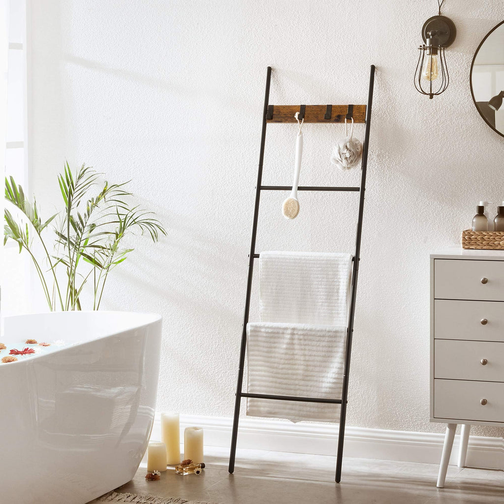 VASAGLE Blanket Ladder, 5-Tier Ladder Shelf, Decorative Ladder with 4 Removable Hooks, Metal Frame, Industrial Style, Rustic Brown and Black ULLS016B01