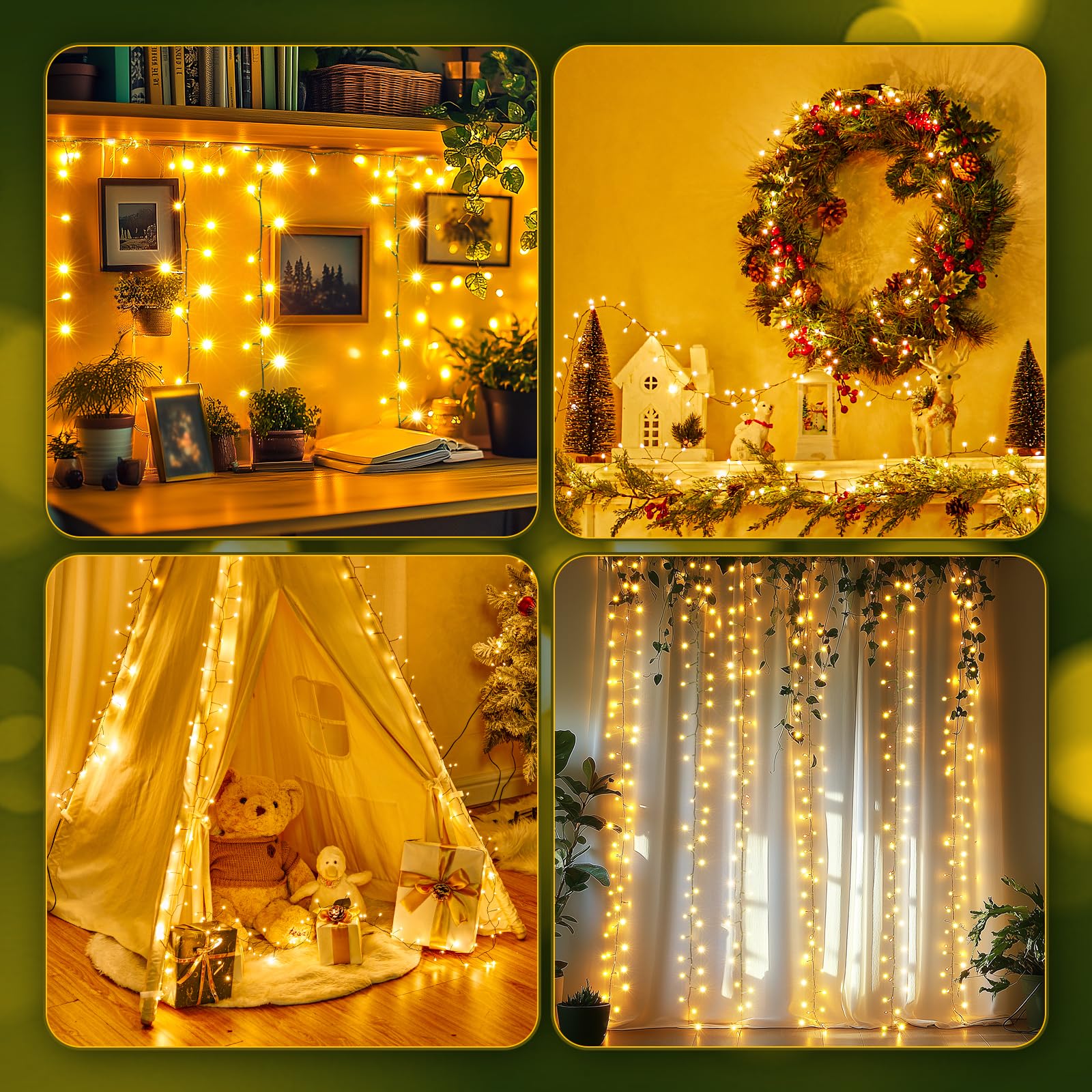 Battery Operated Cluster Lights, 10FT 100 Micro LEDs, Outdoor Twinkle Firecracker Fairy Lights, Warm White, Green Wire String Lights, Waterproof, Christmas Tree, Wreath, DIY Wedding, Christmas Decor