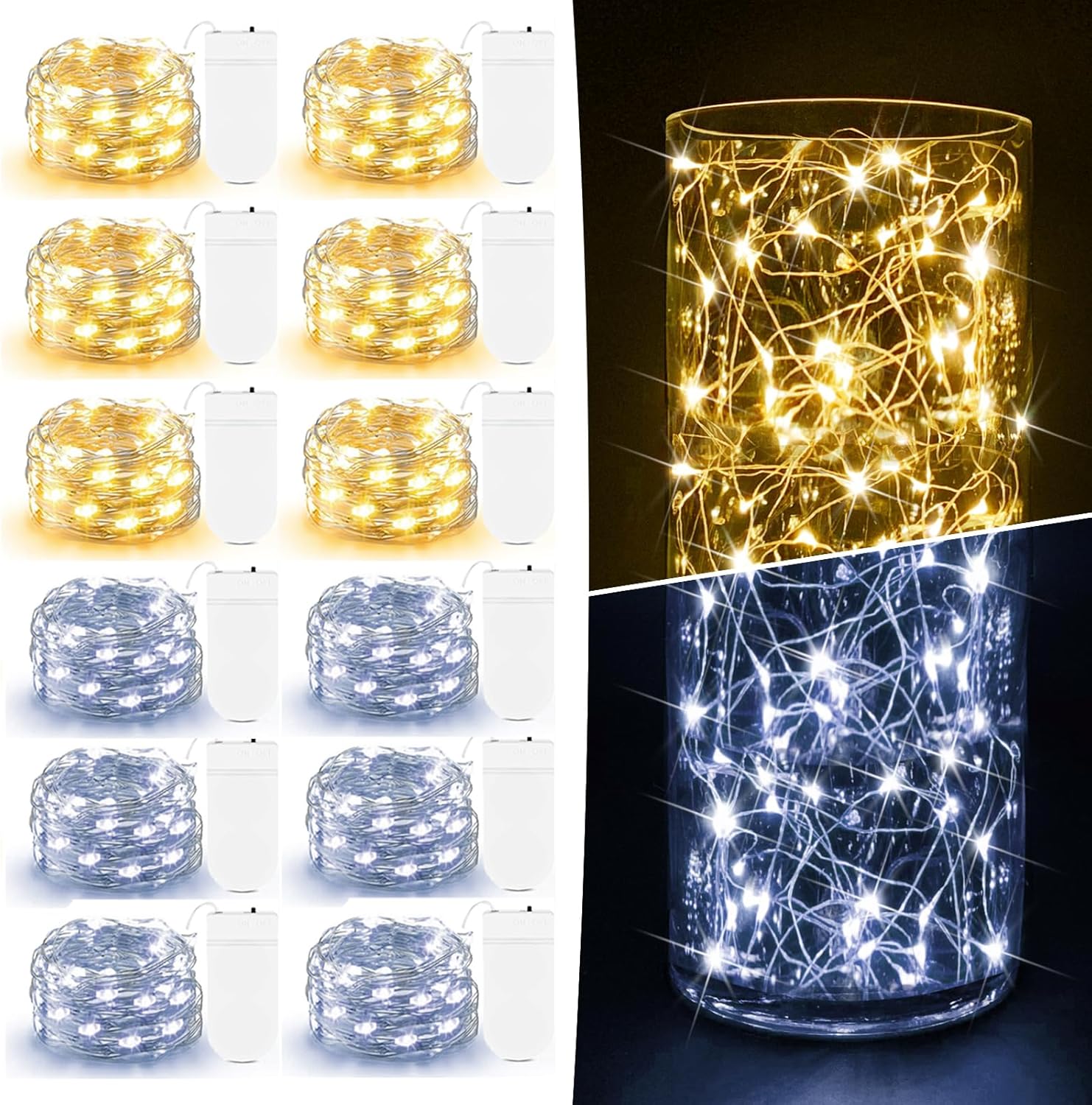 Skiennix 12 Pack Fairy Lights - 7ft 20 LED Battery Operated Twinkle String Lights | Warm & Cool White for Mason Jars, DIY Crafts, Weddings, Parties