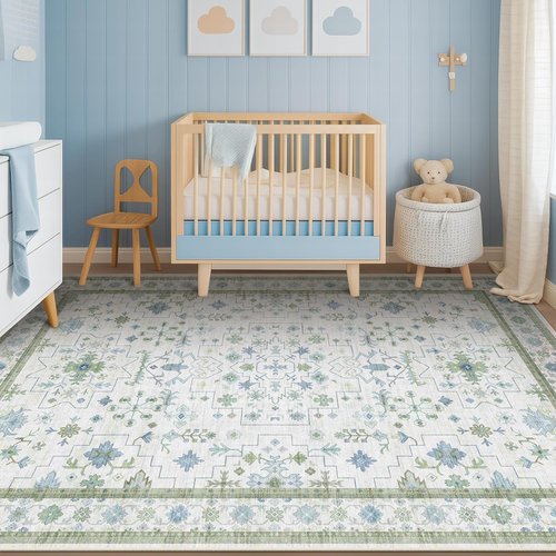 Hazo Haus Oushak Area Rug - Vintage Boho Floral Design, Washable 5x7 Blue & Green Non-Slip Rug