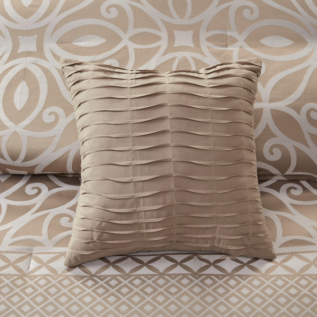 Madison Park Carina Cozy Comforter Set Luxe Jacquard Medallion Design with Embroidery and Pleated Details, All Season Bedding with Matching Shams, Decorative Pillow, Queen, Taupe 7 Piece