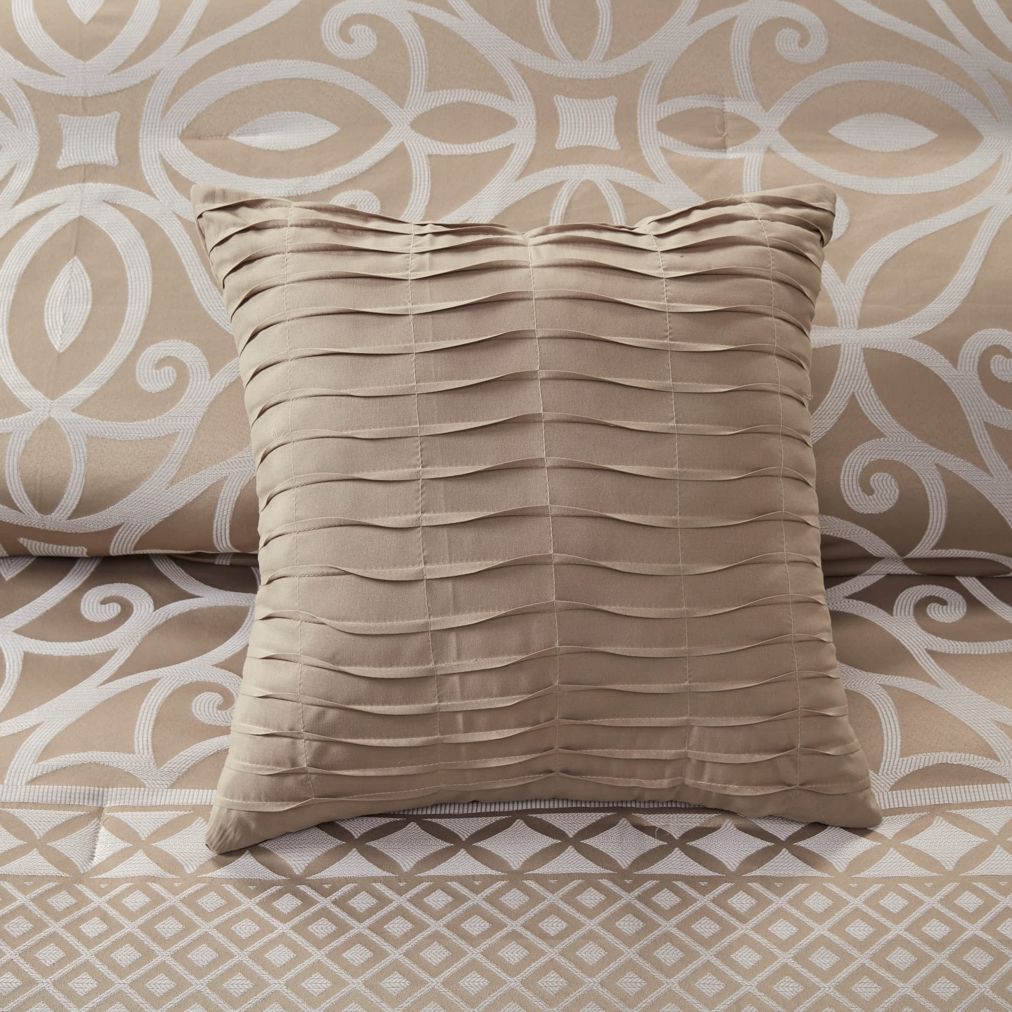 Madison Park Carina Cozy Comforter Set Luxe Jacquard Medallion Design with Embroidery and Pleated Details, All Season Bedding with Matching Shams, Decorative Pillow, Queen, Taupe 7 Piece