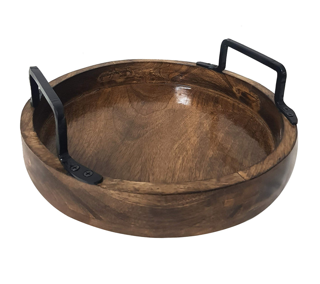 Set of 2 Round Wooden Serving Trays with Handles – Handcrafted Rustic Brown Trays for Kitchen, Dining, Coffee Table & Home Decor Antique Style Organizer Platters