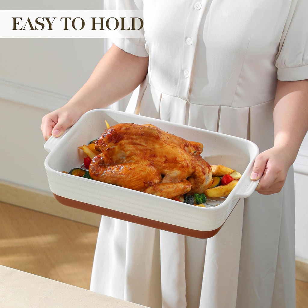 MALACASA 4.8 Qt Ceramic Baking Dish - Deep Roasting Pan with Stainless Steel Rack & Handles | 9x13 Inch, Khaki & White