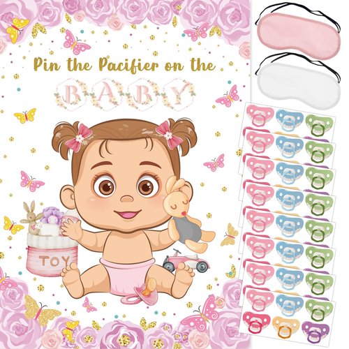 Pin The Pacifier On The Baby Game, Pink Baby Shower Decoration Pin Pacifier on Baby Poster Butterfly Theme Decor with 48 Pacifier Stickers Game for Baby Shower Party Birthday Party Supplies