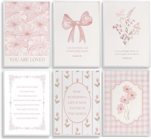 CBLIORUD Pink Christian Flower Canvas Wall Art - 6Pcs Bible Verse Decor for Bedroom & Nursery